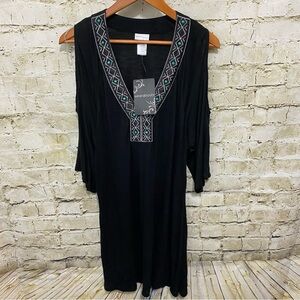 NWT Wearabouts Black Turqoise Beaded Cold Shoulder 3/4 Sleeve Swim Cover…